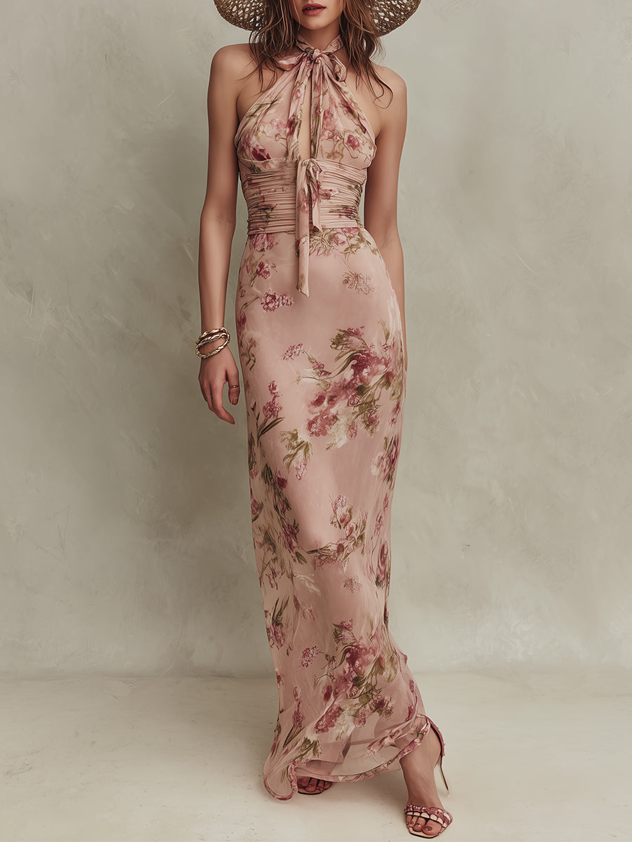 Ria - Elegante vestito lungo in chiffon con stampa floreale e scollo a buco della serratura