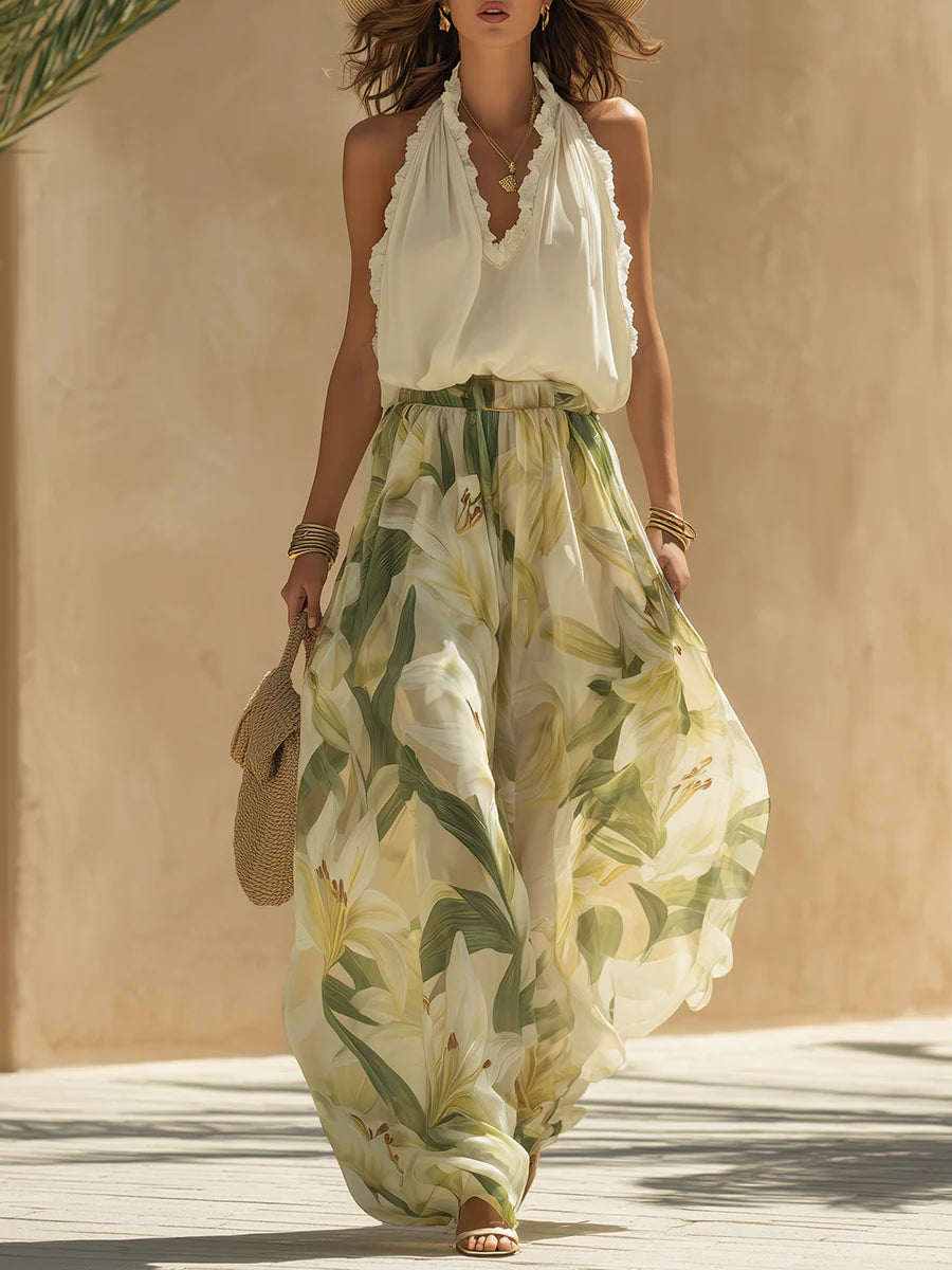 Mira - Top senza maniche in chiffon con balze e pantaloni a stampa giglio