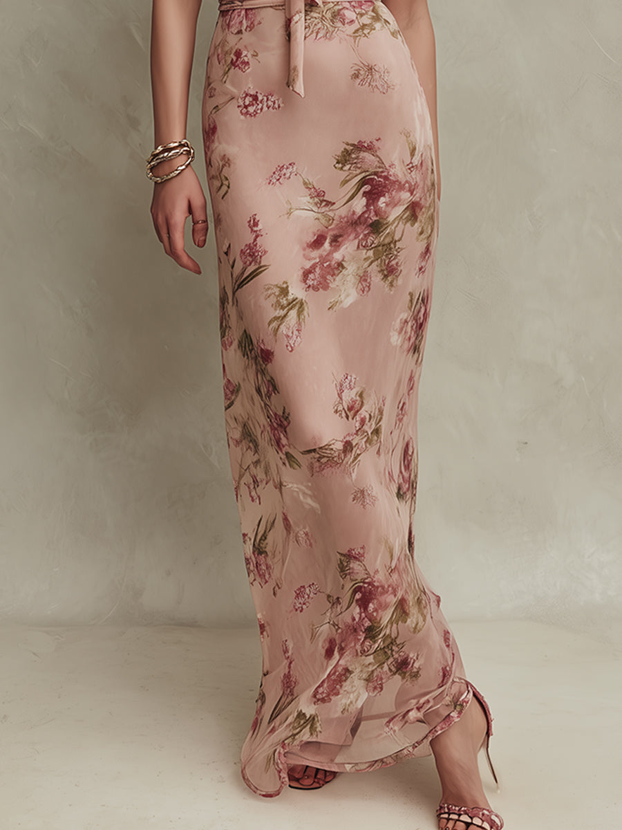 Ria - Elegante vestito lungo in chiffon con stampa floreale e scollo a buco della serratura