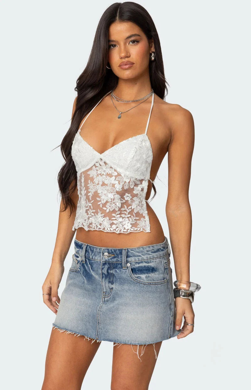 Top allacciato al collo in pizzo Whisper