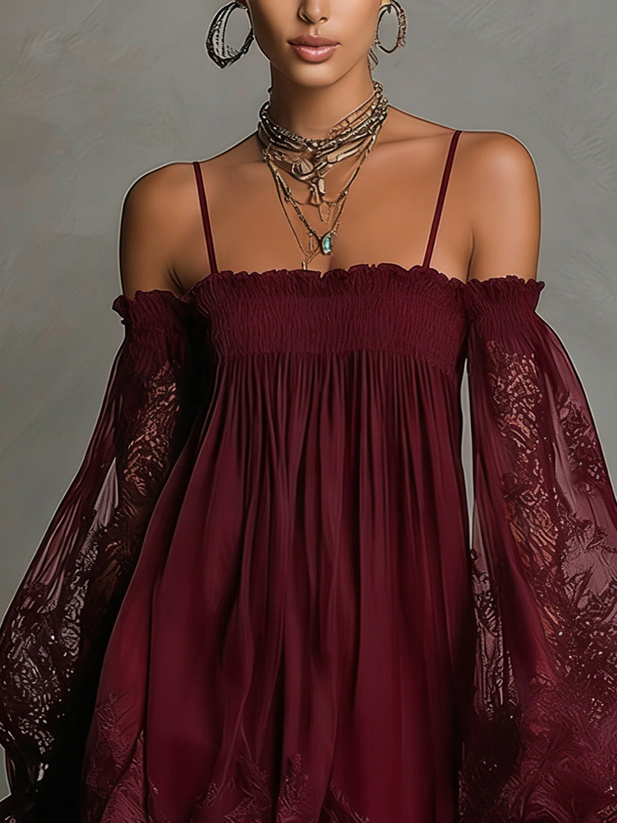 Soromi | Mini dress in navy blue chiffon with off-the-shoulder neckline, lace trim, and sheer sleeves