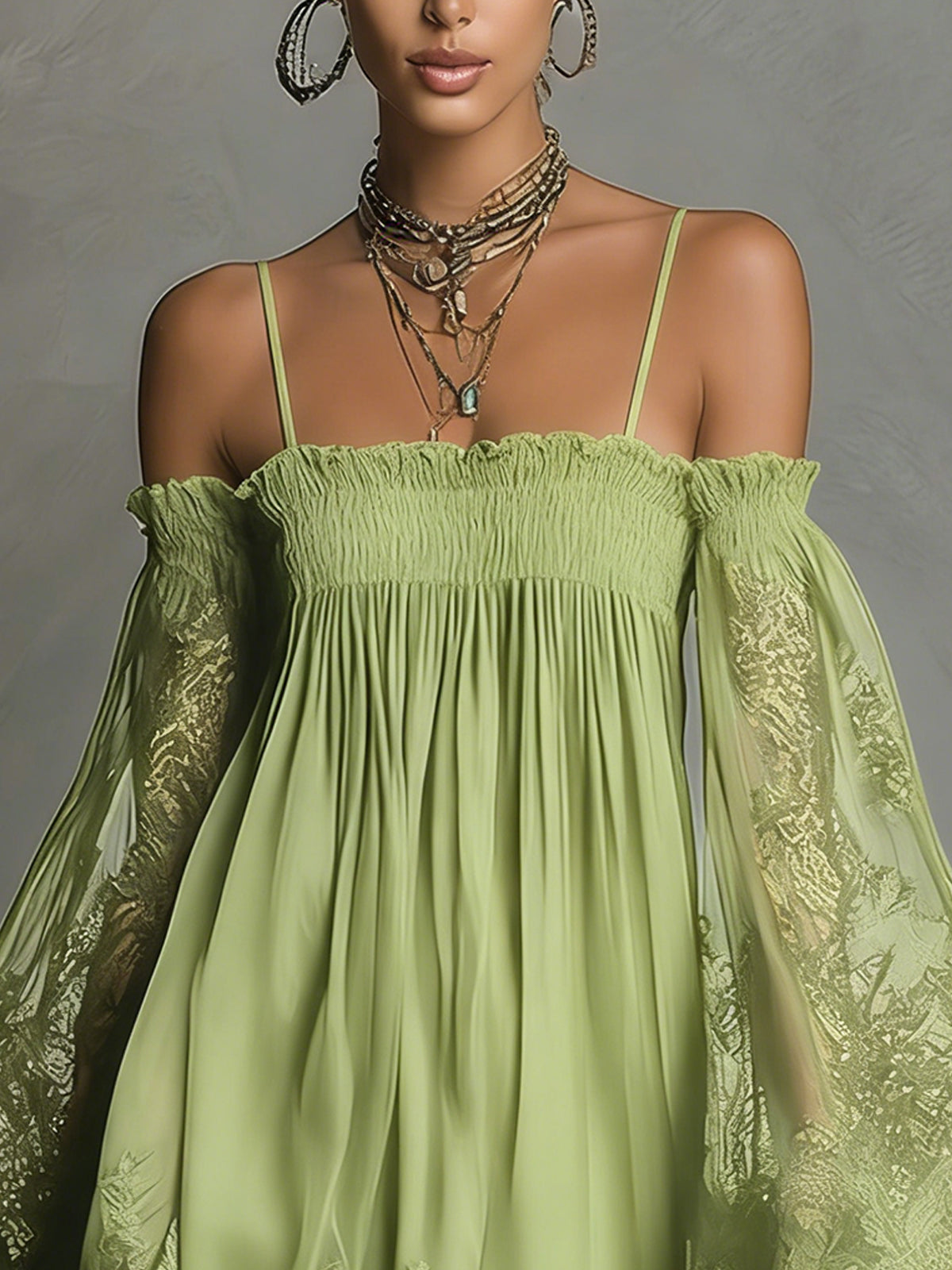 Soromi | Mini dress in navy blue chiffon with off-the-shoulder neckline, lace trim, and sheer sleeves