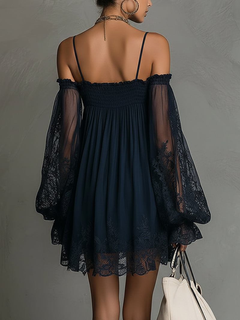 Soromi | Mini dress in navy blue chiffon with off-the-shoulder neckline, lace trim, and sheer sleeves