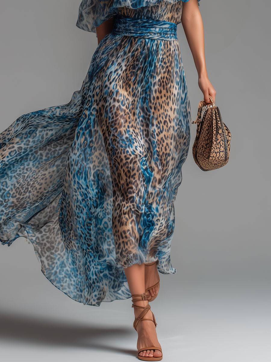 Lavish - Vestito lungo in chiffon con stampa leopardata e spalle scoperte