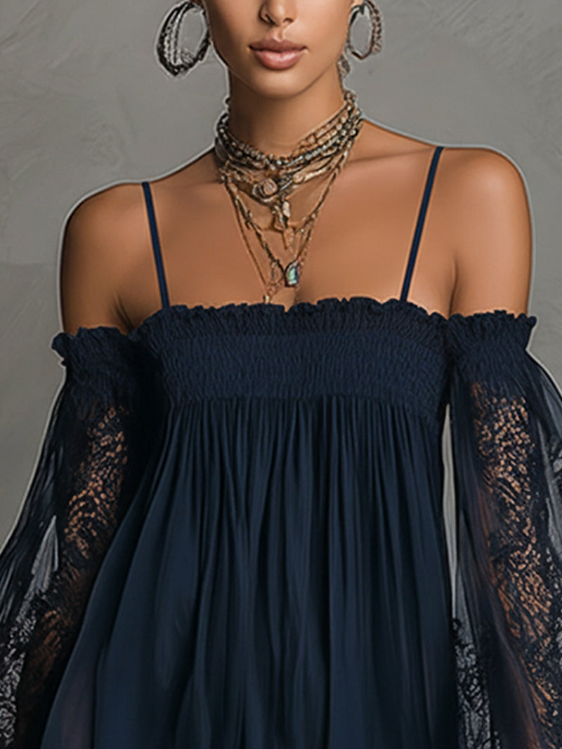 Soromi | Mini dress in navy blue chiffon with off-the-shoulder neckline, lace trim, and sheer sleeves