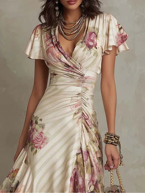 Elsa | Abito Midi Elegante Floreale Arricciato a Portafoglio