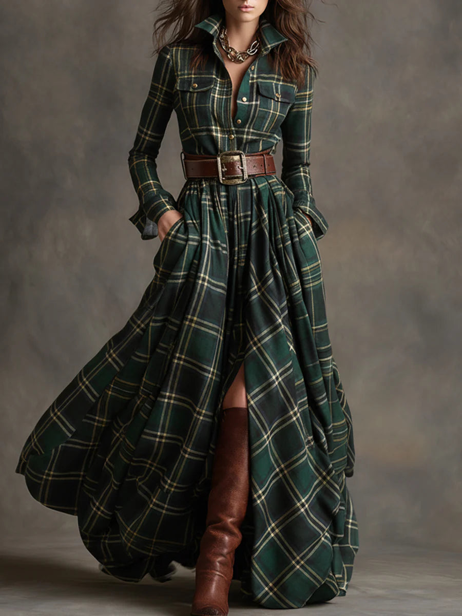 Senna | Long Checkered Dress with Belt
