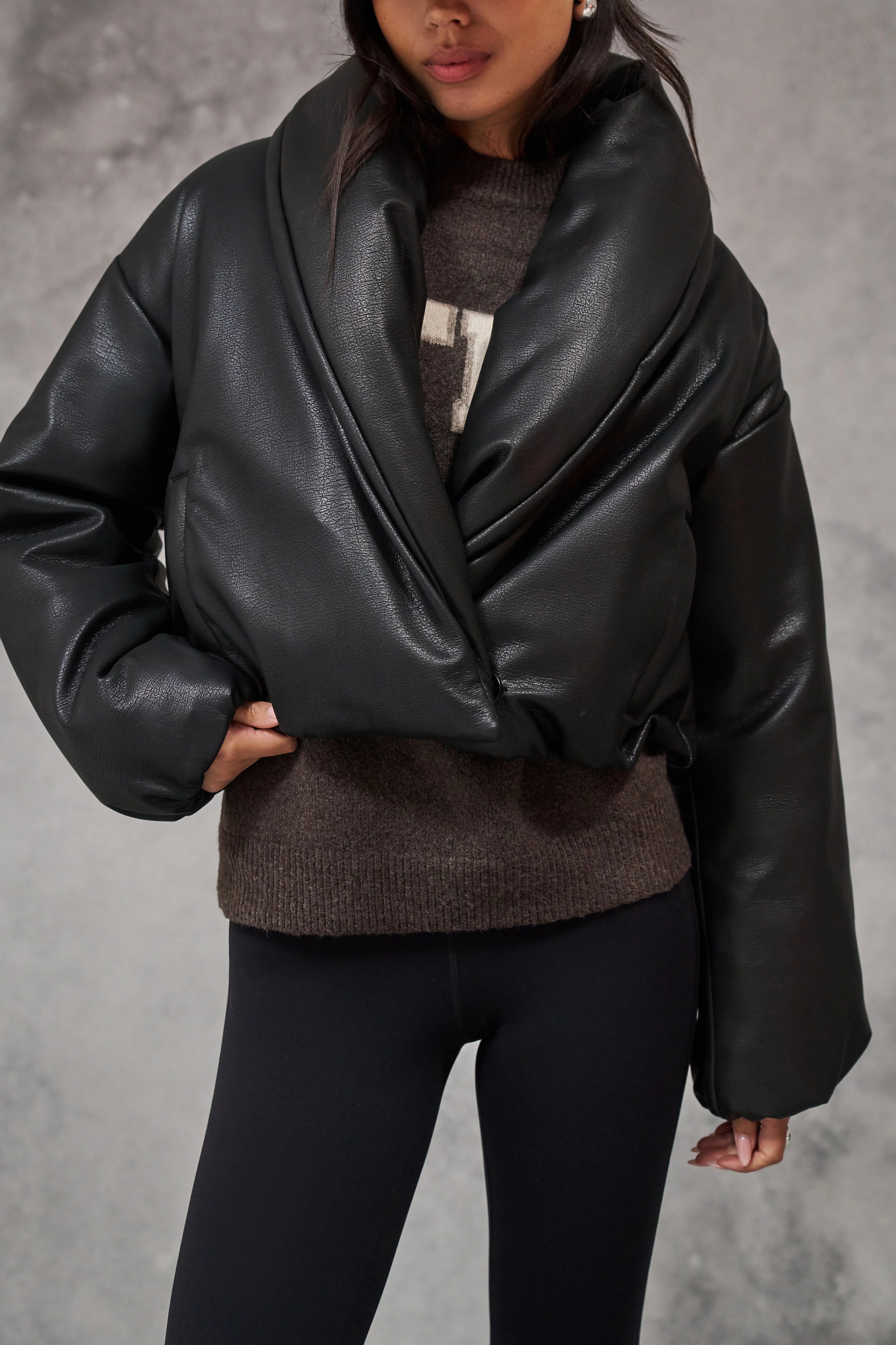 Oversized Faux Leather Puffer Jacket
