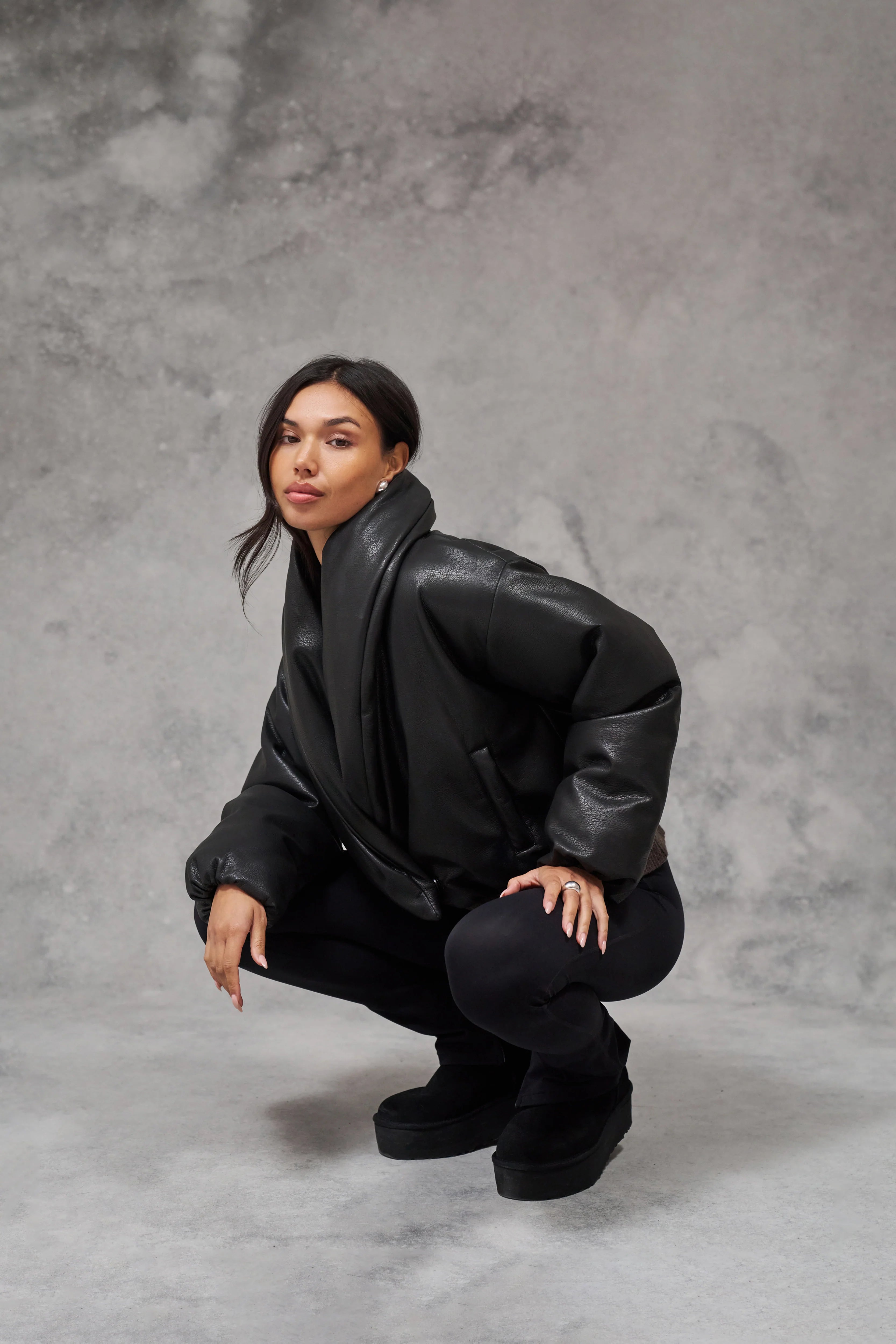 Oversized Faux Leather Puffer Jacket