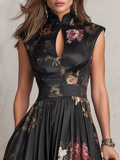Felicia - Black Midi Dress in Pleated Satin with Floral Pattern and Keyhole Neckline