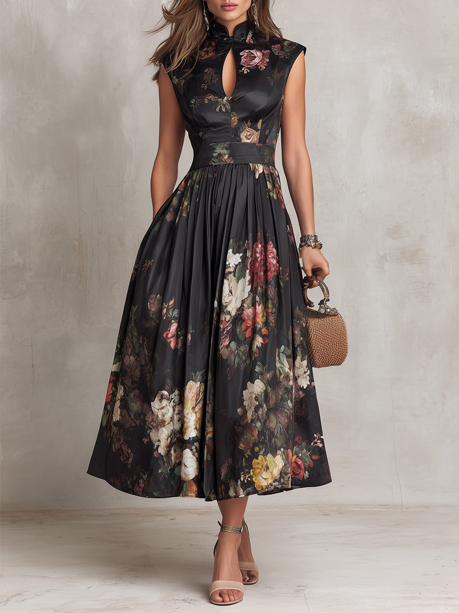 Felicia - Black Midi Dress in Pleated Satin with Floral Pattern and Keyhole Neckline