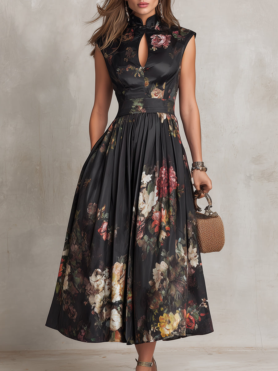Felicia - Black Midi Dress in Pleated Satin with Floral Pattern and Keyhole Neckline