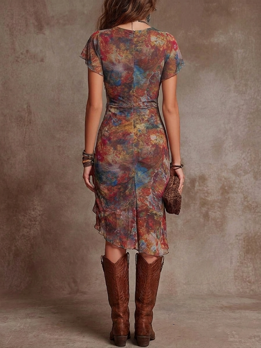Elvira - Midi Pleated Dress with V-Neck, Abstract Art Print in Bohemian Style