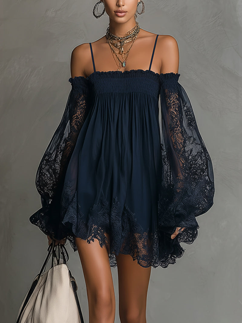 Soromi | Mini dress in navy blue chiffon with off-the-shoulder neckline, lace trim, and sheer sleeves