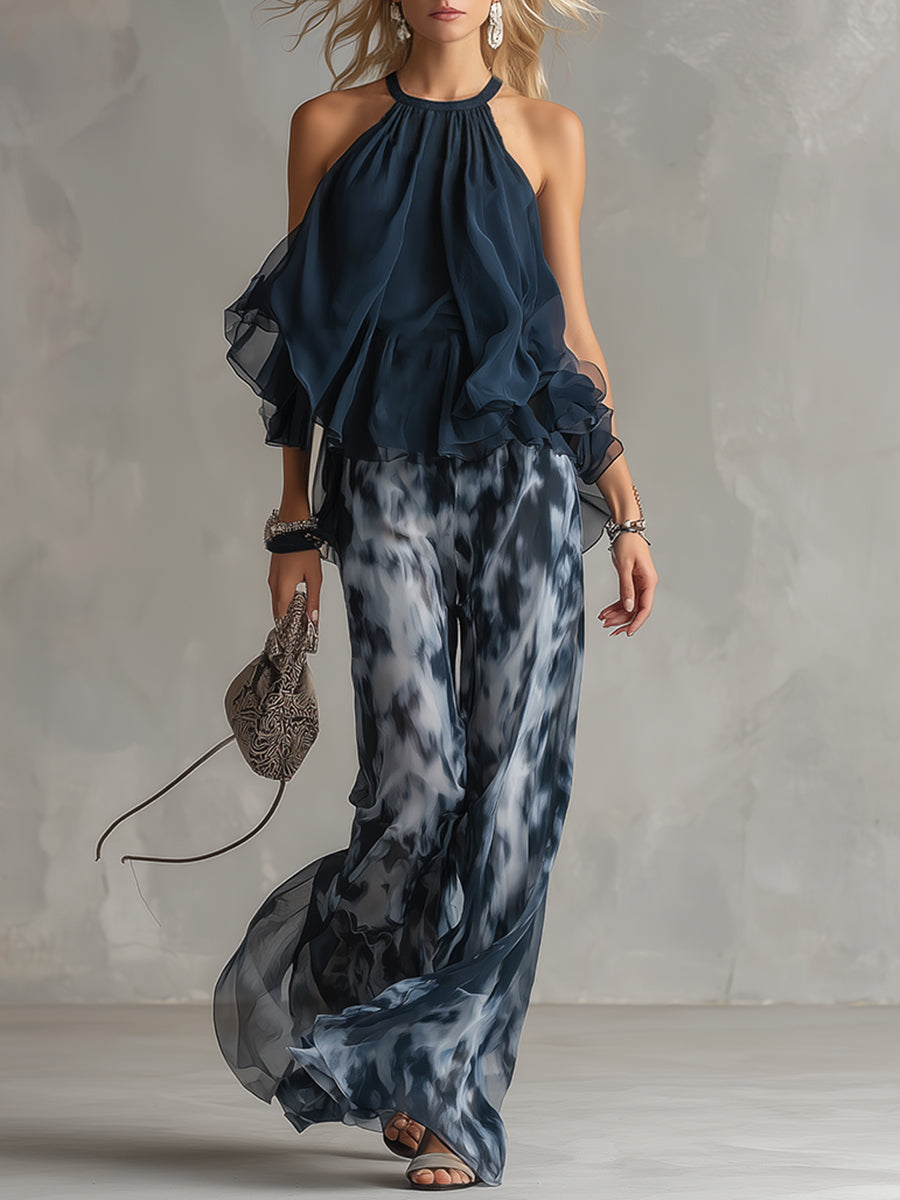 Louise | Completo top all'americana e pantalone a palazzo stampato blu navy