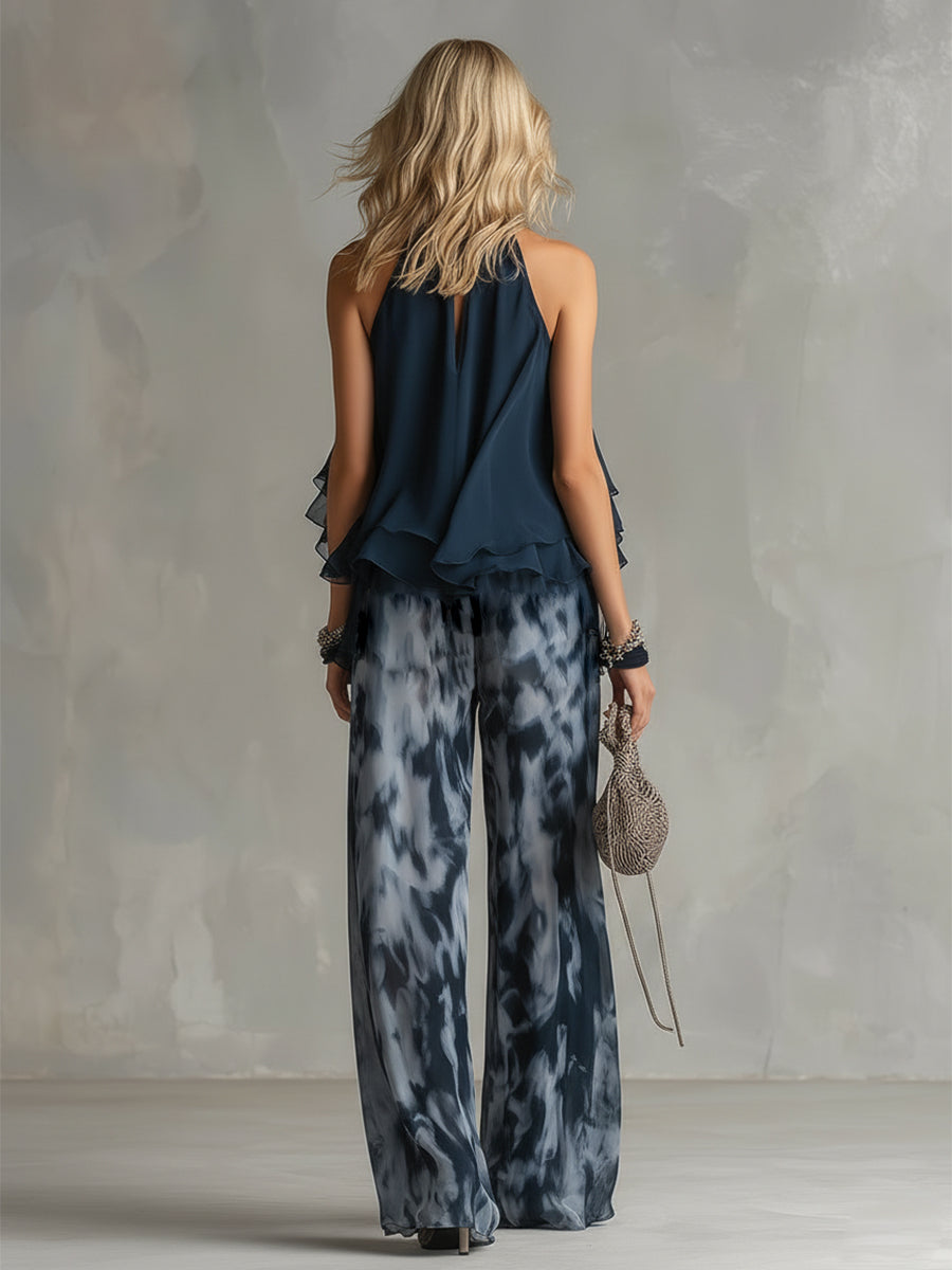 Louise | Completo top all'americana e pantalone a palazzo stampato blu navy