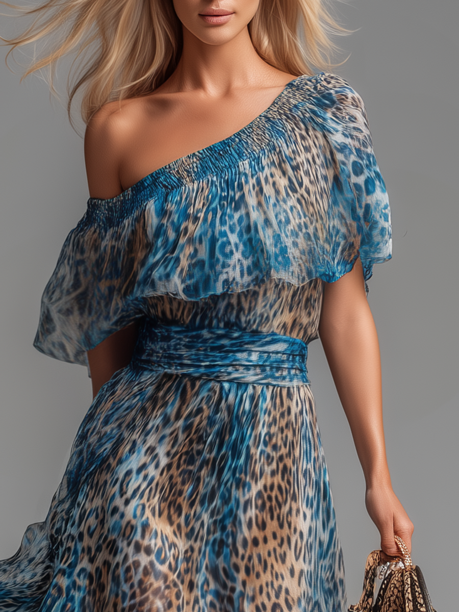 Lavish - Vestito lungo in chiffon con stampa leopardata e spalle scoperte