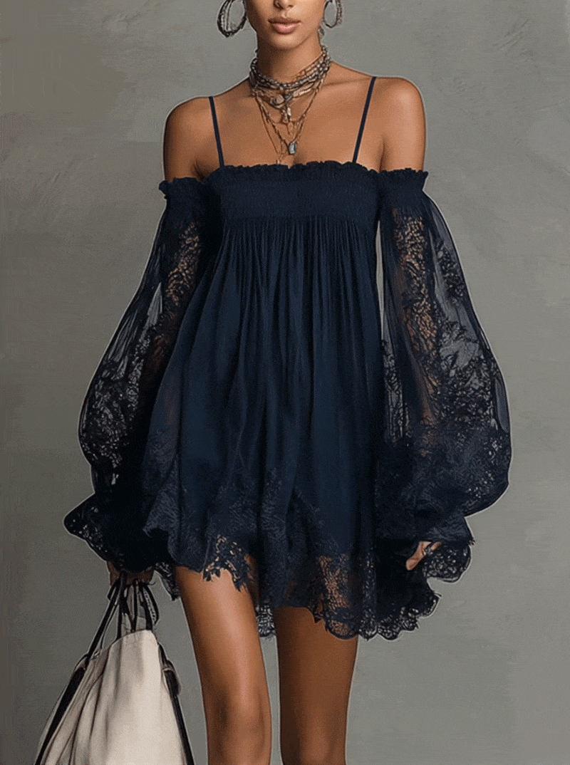 Soromi | Mini dress in navy blue chiffon with off-the-shoulder neckline, lace trim, and sheer sleeves