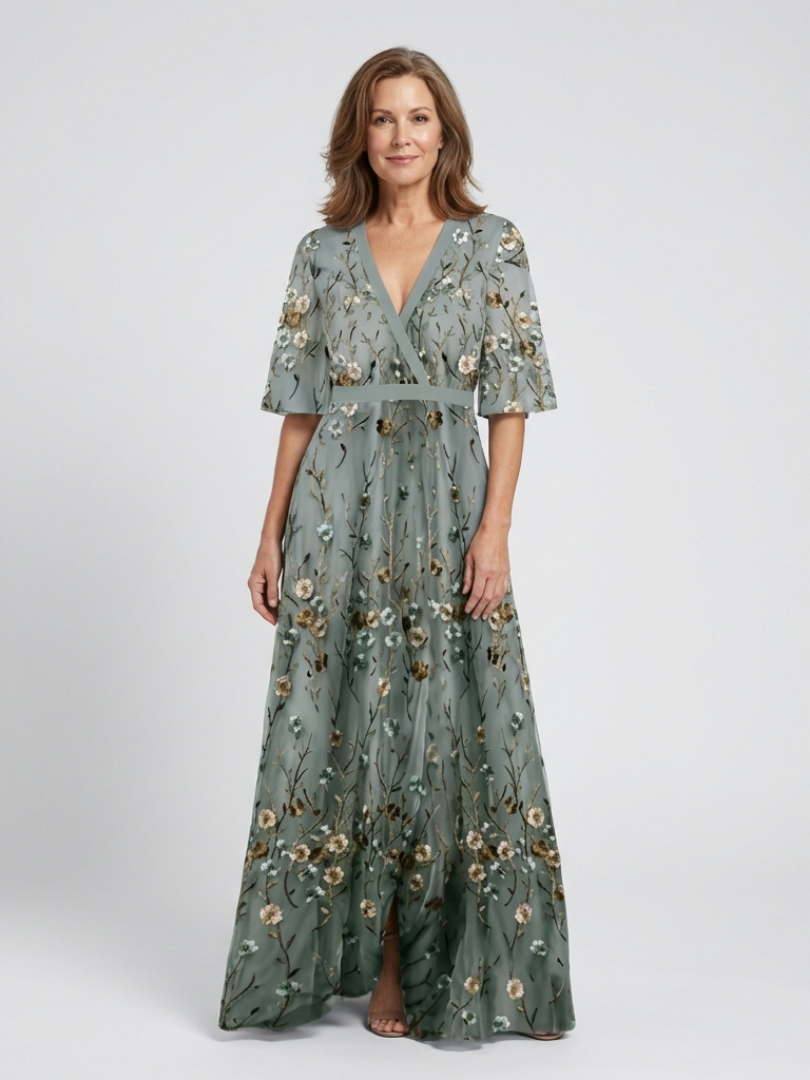 Revedna | Floral V Neck Short Sleeve Maxi Dress