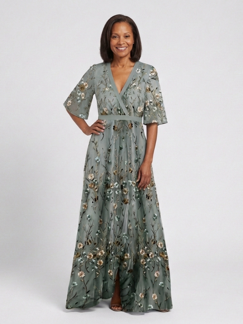 Revedna | Floral V Neck Short Sleeve Maxi Dress