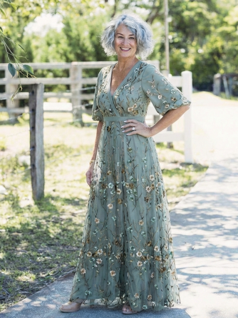 Revedna | Floral V Neck Short Sleeve Maxi Dress