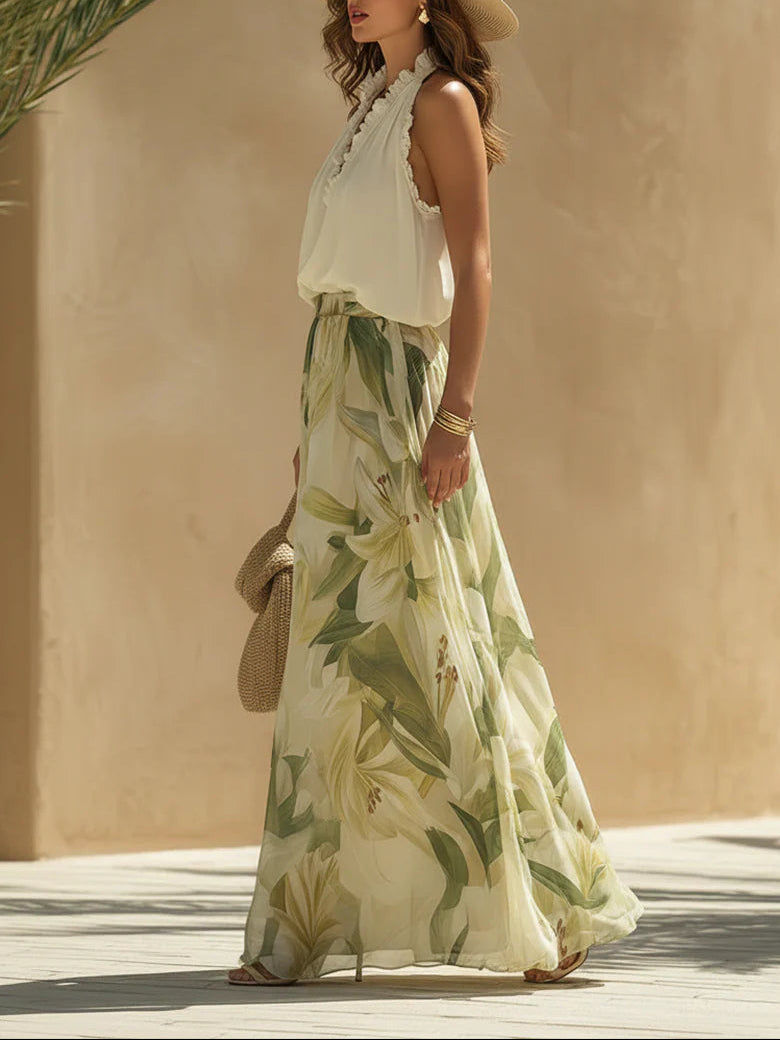 Mira - Chiffon Sleeveless Top with Ruffles and Lilium Print Trousers