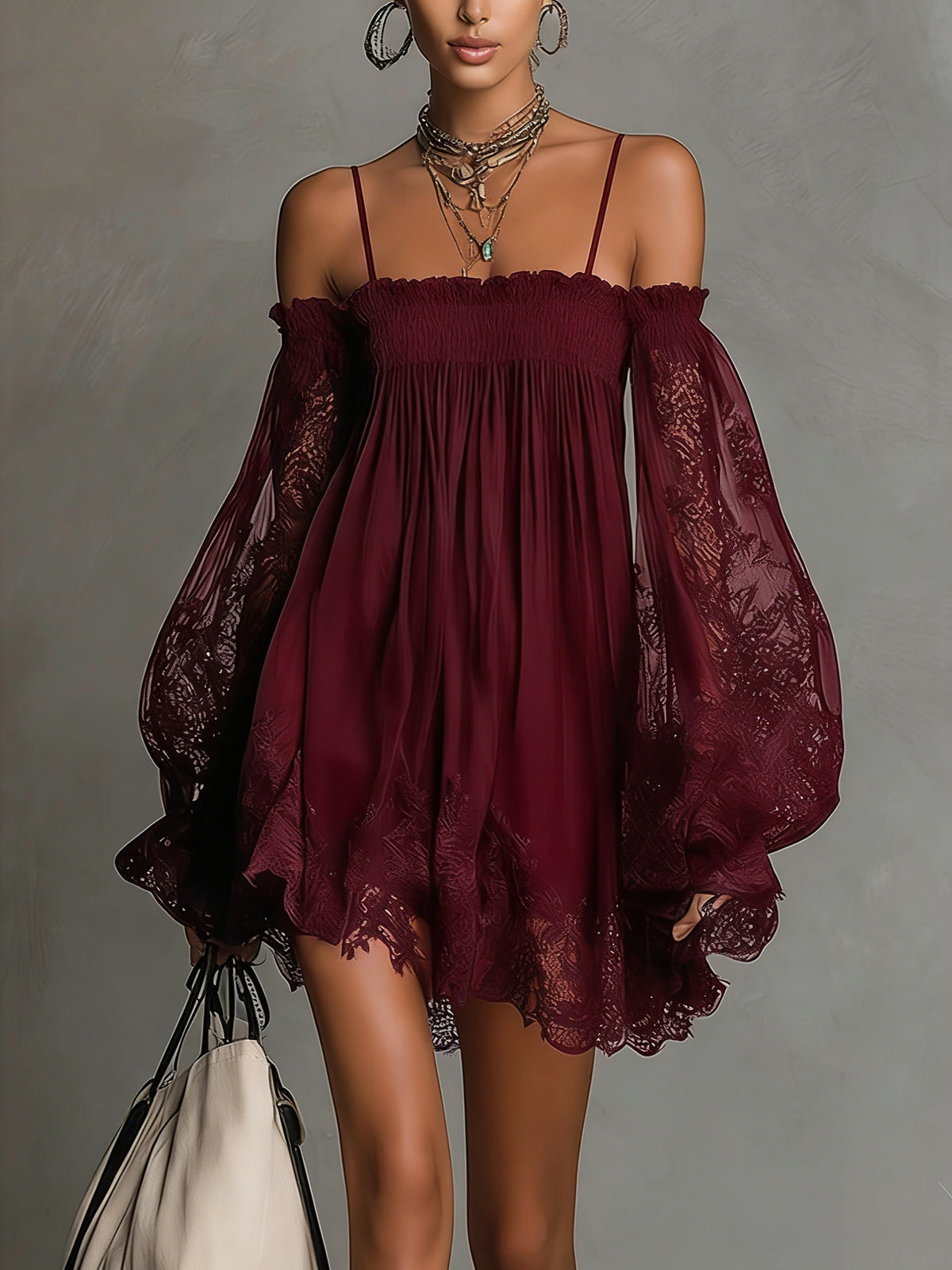 Soromi | Mini dress in navy blue chiffon with off-the-shoulder neckline, lace trim, and sheer sleeves