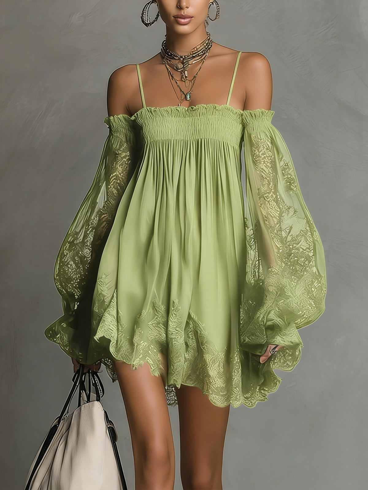 Soromi | Mini dress in navy blue chiffon with off-the-shoulder neckline, lace trim, and sheer sleeves