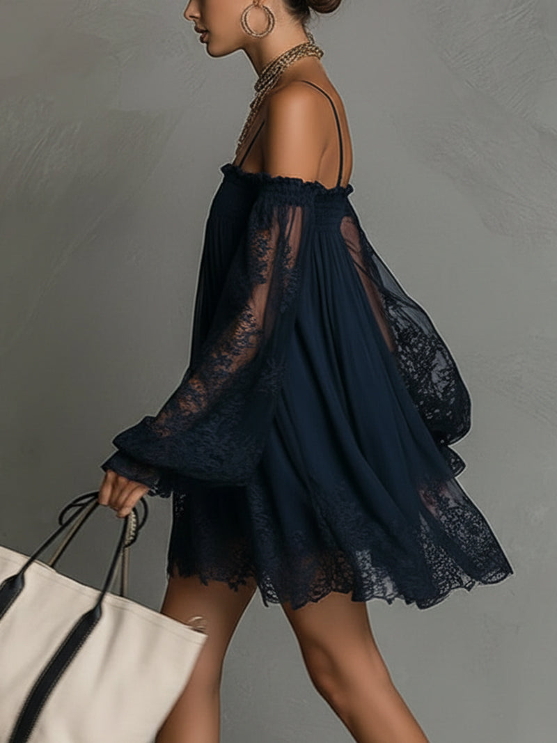 Soromi | Mini dress in navy blue chiffon with off-the-shoulder neckline, lace trim, and sheer sleeves
