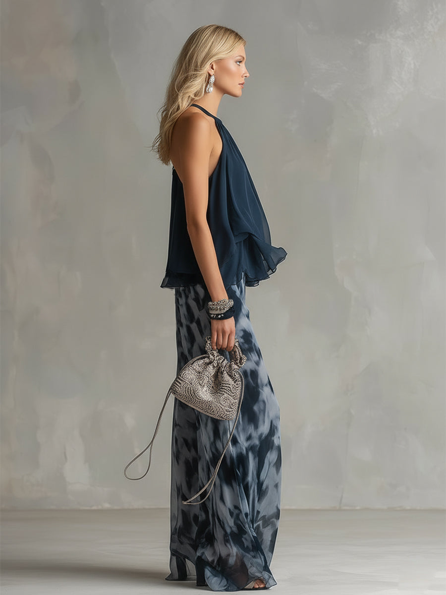 Louise | Completo top all'americana e pantalone a palazzo stampato blu navy