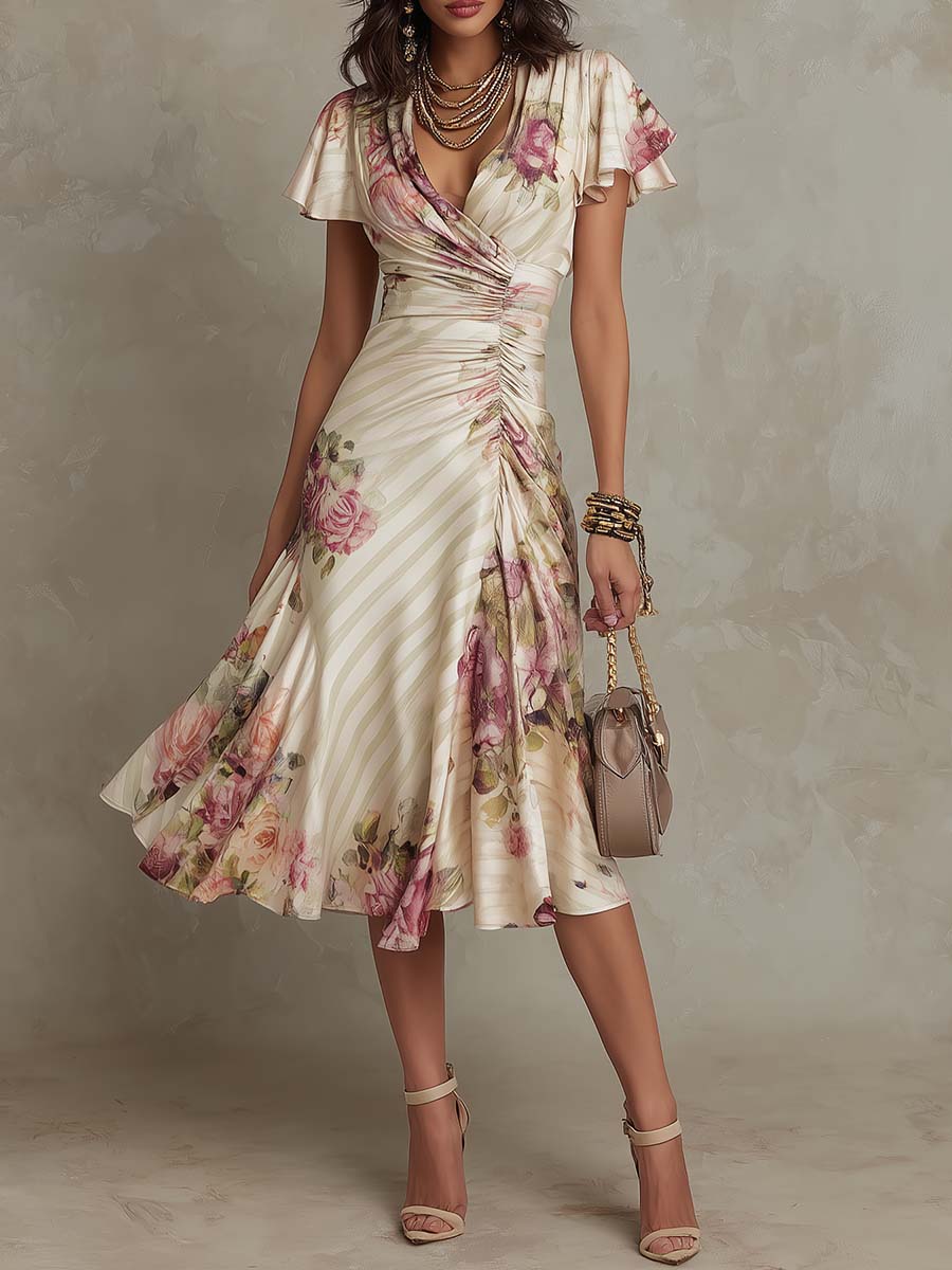 Elsa | Elegant Floral Ruched Wrap Midi Dress