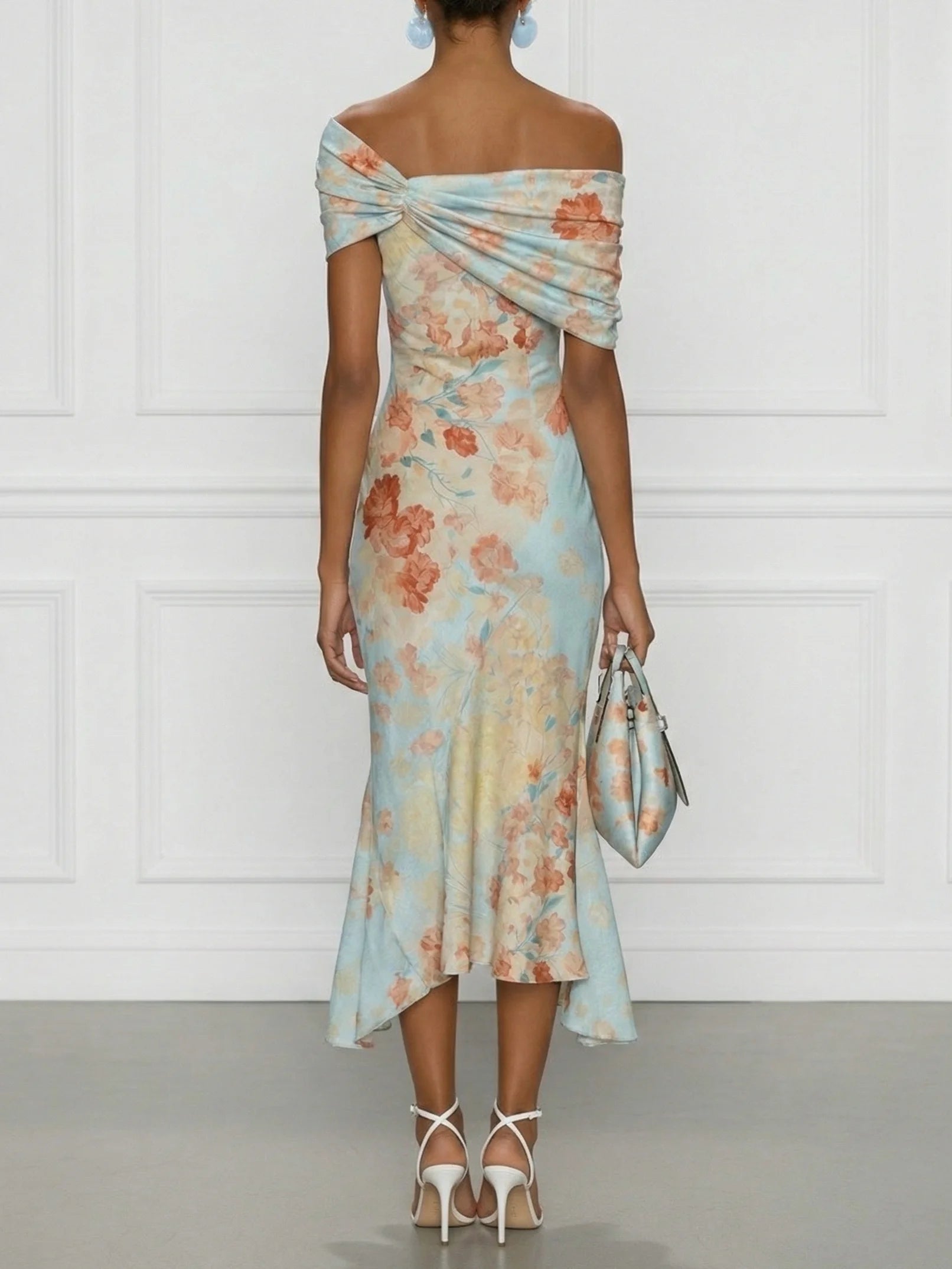 Victoria - Midi Mermaid Dress Without Sleeves with Off-Shoulder and Blue Floral Pattern