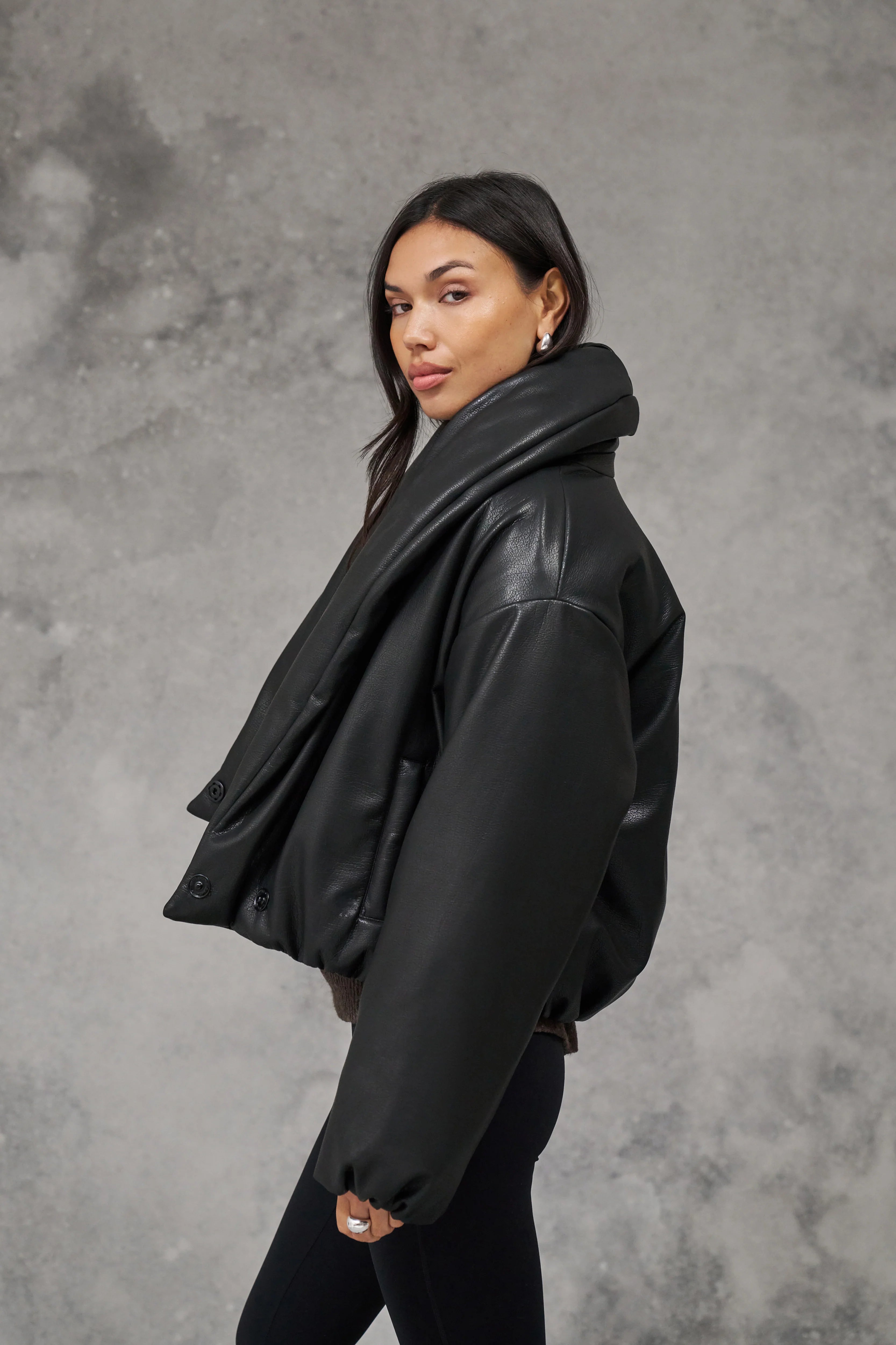 Oversized Faux Leather Puffer Jacket