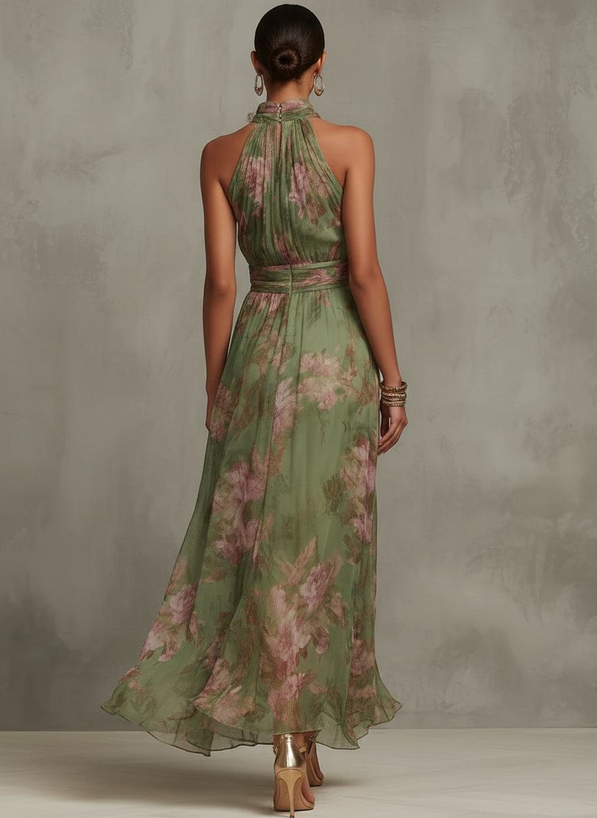Marina — Abito lungo elegante con scollo all'americana e stampa floreale