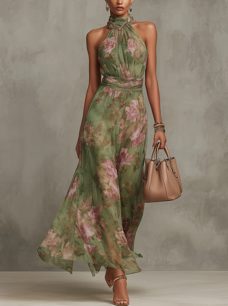 Marina — Abito lungo elegante con scollo all'americana e stampa floreale