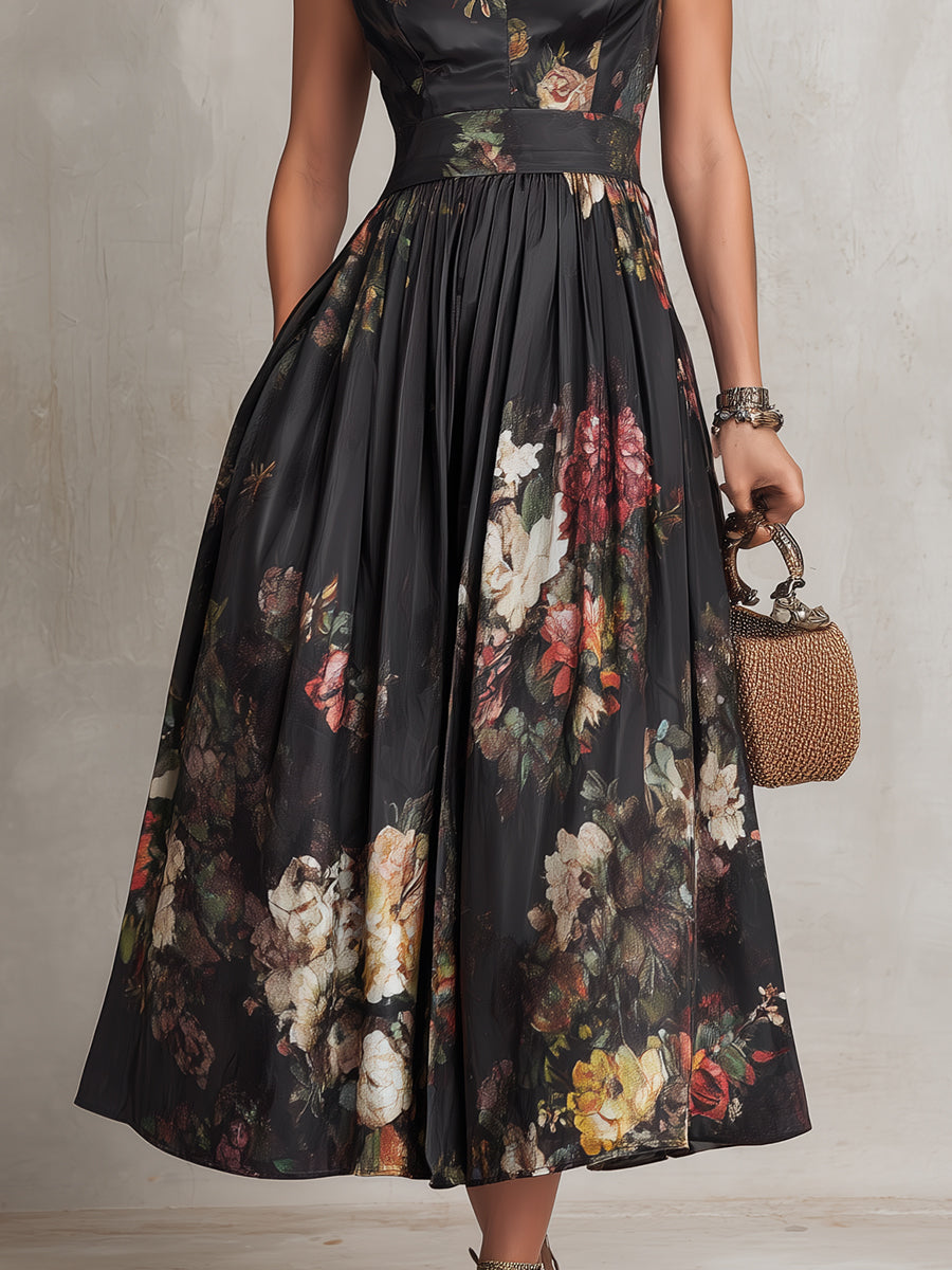 Felicia - Black Midi Dress in Pleated Satin with Floral Pattern and Keyhole Neckline