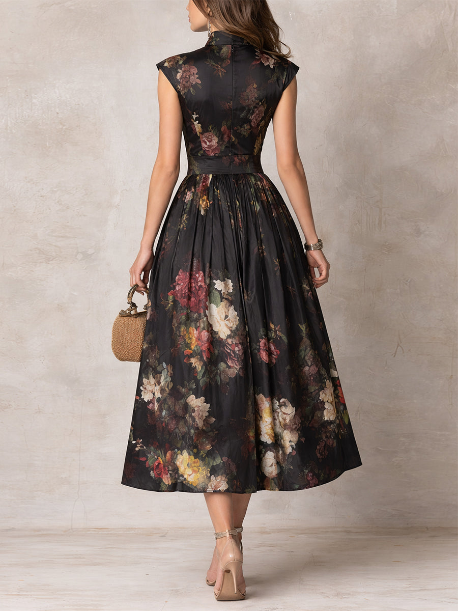 Felicia - Black Midi Dress in Pleated Satin with Floral Pattern and Keyhole Neckline