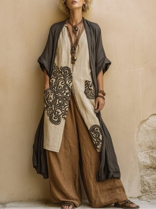 Siana - Three-Piece Bohemian Nomad Set in Dark Gray and Brown with Tribal Pattern