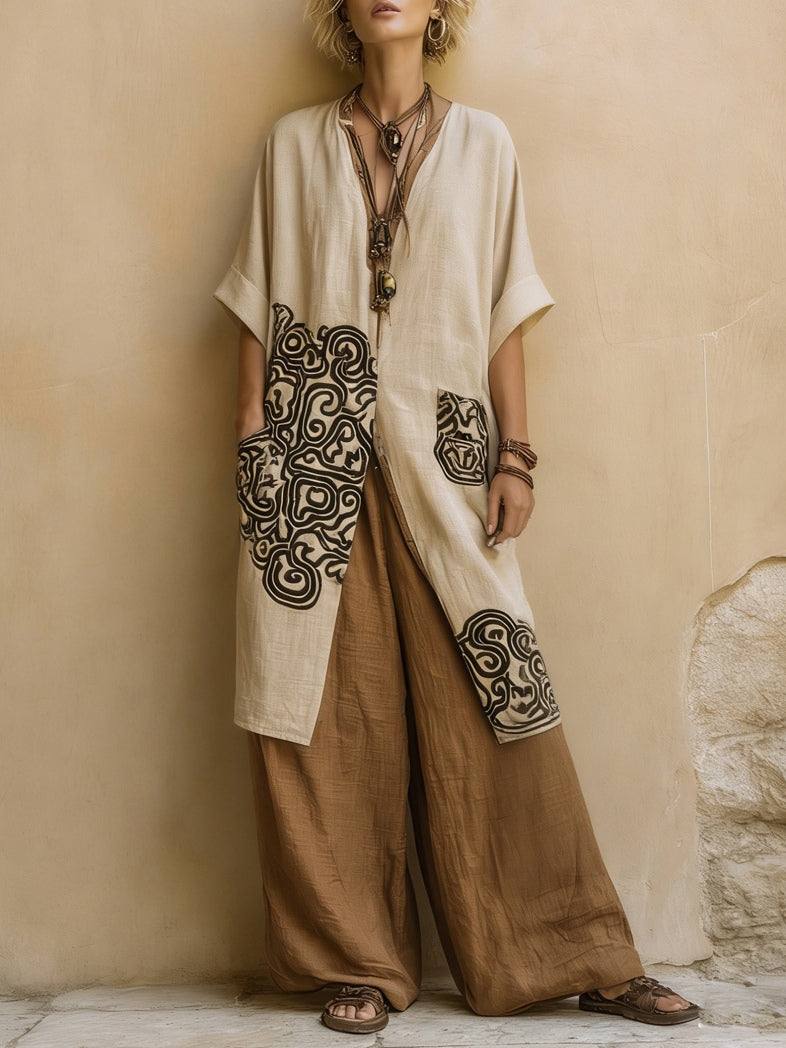 Siana - Three-Piece Bohemian Nomad Set in Dark Gray and Brown with Tribal Pattern