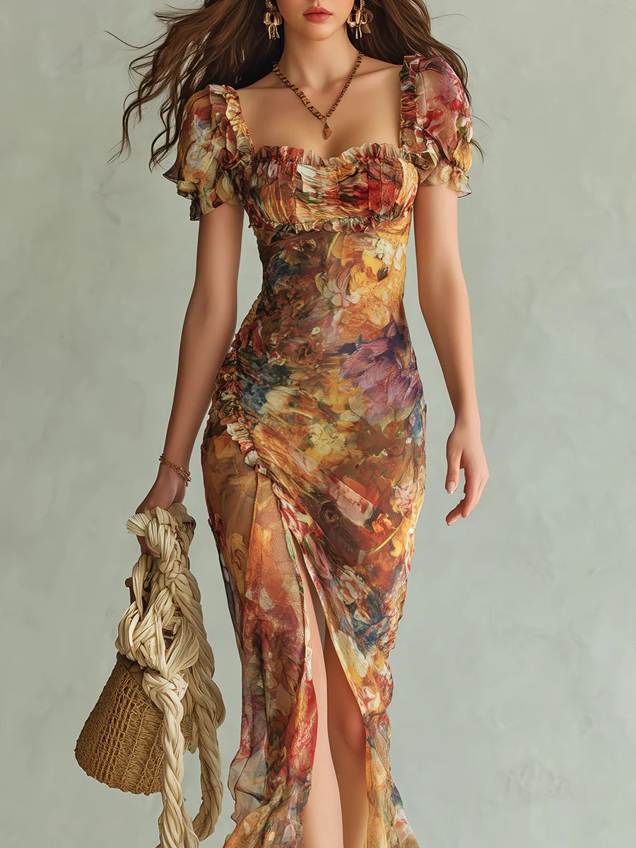 Merina | Long orange chiffon dress with bohemian-style oil painting print
