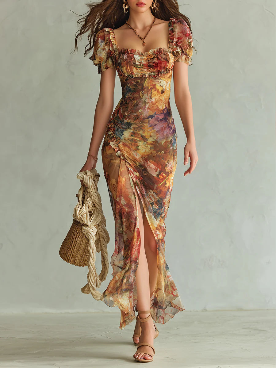 Merina | Long orange chiffon dress with bohemian-style oil painting print