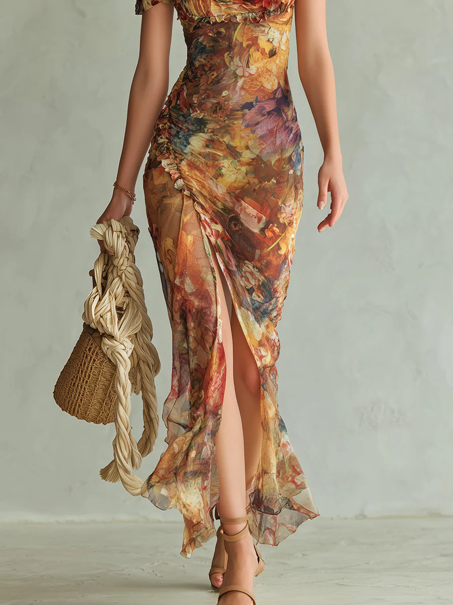 Merina | Long orange chiffon dress with bohemian-style oil painting print