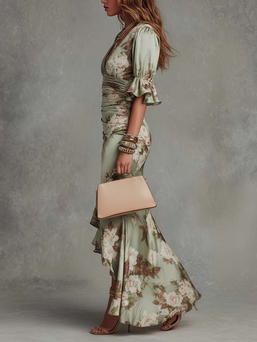Lisa - Asymmetrical long dress in satin with V-neck