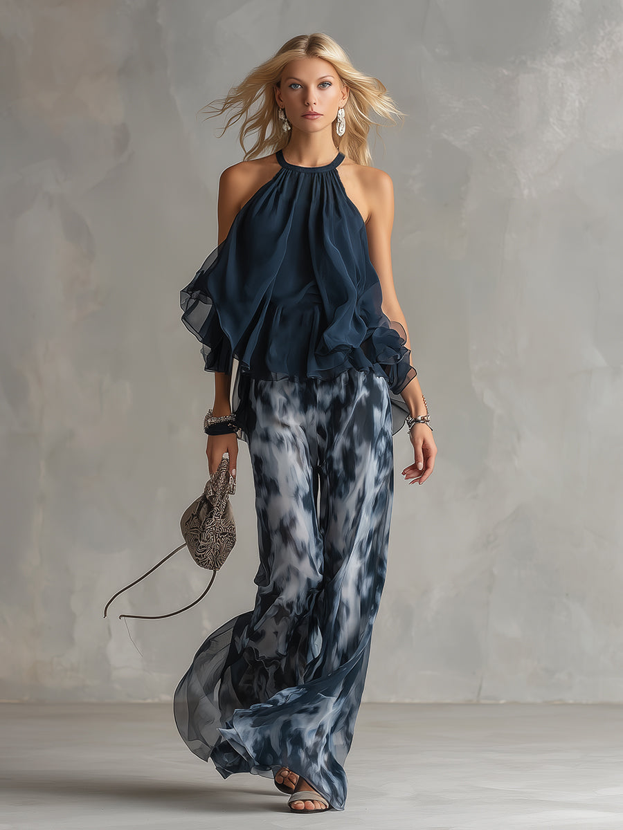 Lousie | Stylish Navy Halter Top and Wide-Leg Printed Set