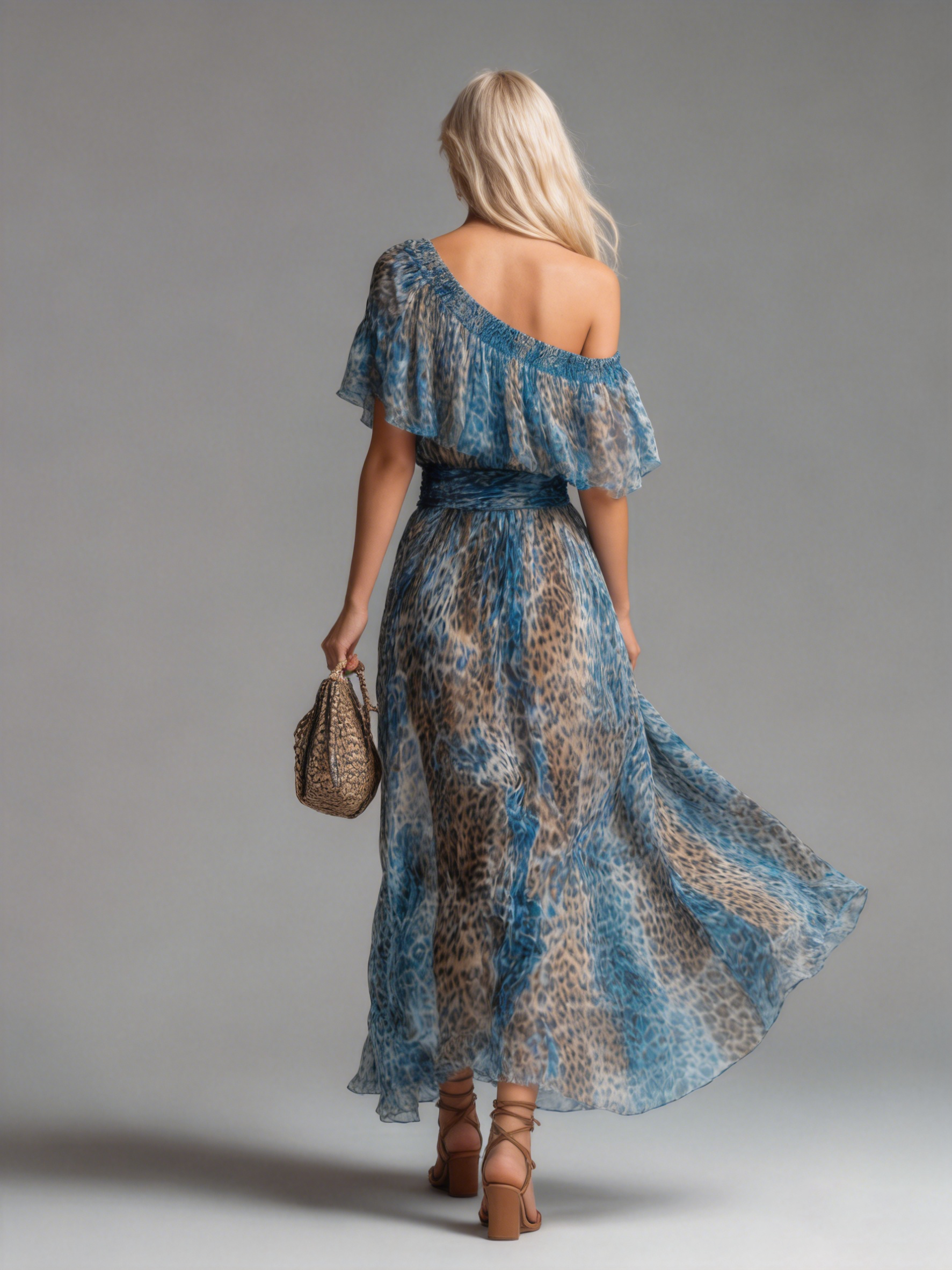 Lavish - Long chiffon dress with leopard print and bare shoulders