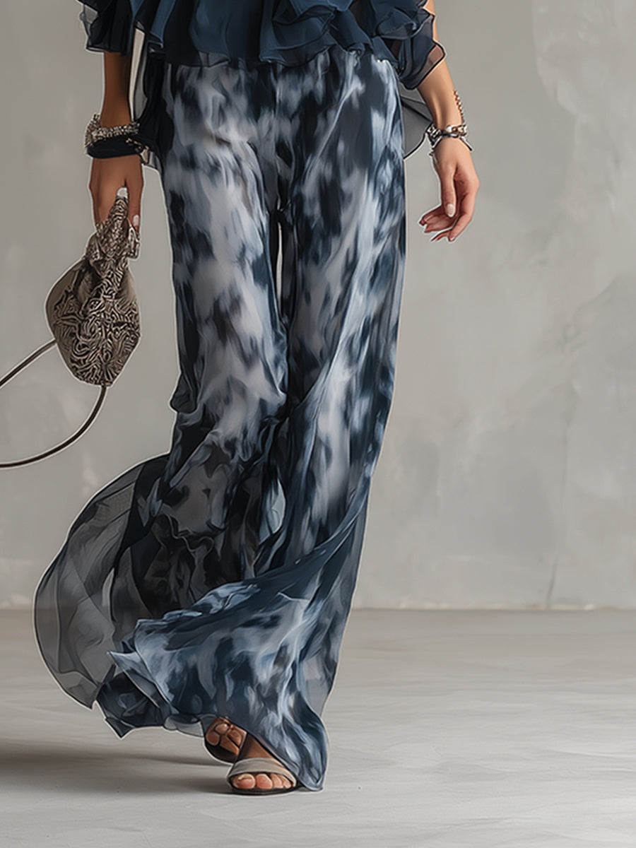 Louise | Completo top all'americana e pantalone a palazzo stampato blu navy