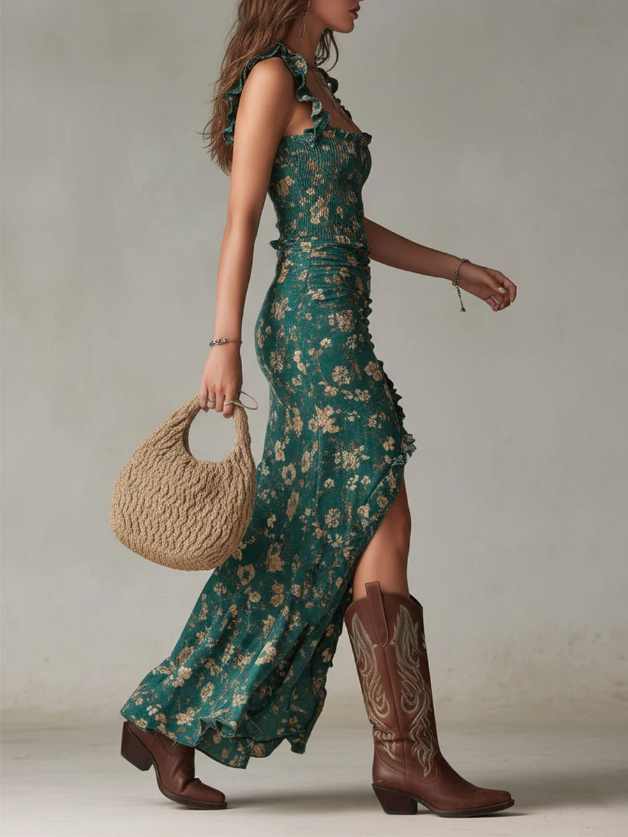 Sara | Vestito Lungo Floreale Boho – Spacco Laterale